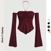 [Bigsize 45-85kg / Order] Áo thun gân tay dài loe hở vai cột dây sau nhún ngực vạt yếm độc đáo nhiều màu