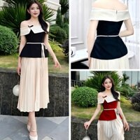(Bigsize 50-90kg) Set Váy Dự Tiệc Dáng Dài Áo Đính Nơ Trễ Vai, Chân Váy Xếp Ly, Eo Cột Dây DV117