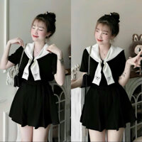(Bigsize 50-95kg) Set Bộ Váy Ngắn Phối Áo Nơ Thủy Thủ Chất Cotton Có Lót Trong Bigsize Dễ Thương Cho Nàng Béo Xinh
