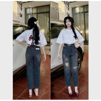 [Bigsize 55kg-88kg] Quần Baggy Jean Nữ Xanh Đậm Rách To Lưng Thun. Cạp Cao Trên Rốn. Không Co Giãn
