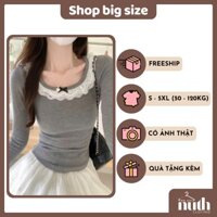 [BIGSIZE 60-100KG] Áo thun bigsize tay dài cổ tròn phối viền ren nơ thanh lịch chất dày dặn