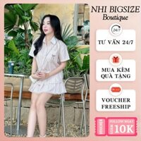 Bigsize 60-90kg Set áo sơ mi kẻ sọc thêu nơ 1 túi tay ngắn + chân váy xòe phối ren xếp ly lưng thun cho nữ