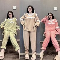 Bigsize 60-90kg Set bộ tiểu thư bigsize xốp gân nhăn co dãn 4 chiều áo tay dài phối ren sang chảnh quần dài cho nữ