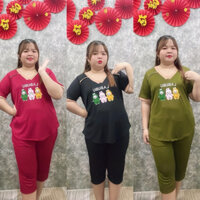 (Bigsize 60kg-95kg) Đồ bộ lửng thêu LABUBU cổ tim tay viền vải thun tăm lạnh co giãn thoải mái