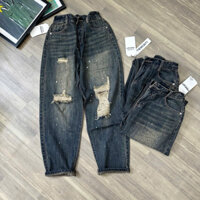 (BIGSIZE 85kg) Quần Jean Baggy Nữ Vẩy Sơn Rách Gối Chun Lưng, Quần Boy Nữ 95CM Size Đại Tới 5XL