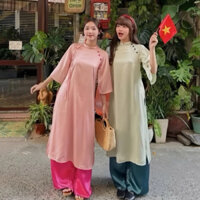 Bigsize Áo dài lụa tay lửng cổ tàu phối nút bọc truyền thống ngày tết kèm quần suông dài 55-95kg