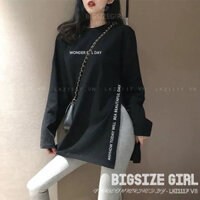 Bigsize Áo Thun Nữ Kiểu Tay Dài Form Rộng Cổ Tròn Xẻ Tà Màu Đen Mùa Xuân Phong Cách Thời Trang Hàn Quốc Đẹp
