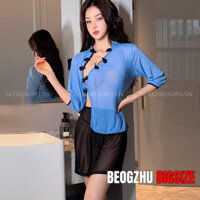 Bigsize Bộ đồ ngủ sexy đồng phục sinh viên Trung Quốc, xẻ bên, lưới trong suốt sexy cheongsam