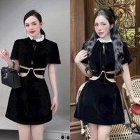 BIGSIZE Đầm nhung tiểu thư cổ bèo thiết kế khoét eo thắt nơ phối dây đá sang chảnh 50-90kg