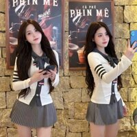 BIGSIZE HIẾU HIẾU (55-95KG) - Set thời trang tiểu thử Áo tay dài phối sọc cổ nơ + Chân váy xám S488