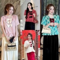 BIGSIZE HIẾU HIẾU (55-95KG) - Set bộ đồ lam truyền thống Áo phối 3 nơ + Quần lụa dài dễ thương S473