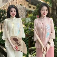 BIGSIZE HIẾU HIẾU (55-95KG) - Set bộ đồ lam Áo cổ tay thêu hình hoạ tiết + Quần suông dài S479