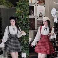 BIGSIZE HIẾU HIẾU (55-95KG) - Sét váy yếm dạ caro 2 dây kèm áo sơ mi trắng tay dài