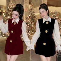 BIGSIZE HIẾU HIẾU (55-95KG) - Set váy nhung dáng ngắn đính kèm tag hoa + Áo sơ mi trắng tay dài S481