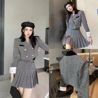 BIGSIZE HIẾU HIẾU (55-95KG) - Set dạ xám caro thu đông áo vest nút vàng tay dài kèm chân váy xếp ly S224