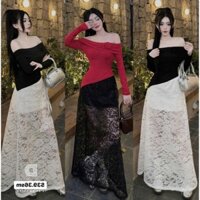 BIGSIZE HIẾU HIẾU (55-95KG) - Set thời trang nữ Áo trễ vai tay dài xoắn hoa vạc nhọn  + Chân váy ren dáng dài S459