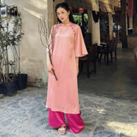 BIGSIZE NÀNG BÉO Áo dài lụa tay lửng cổ tàu phối nút bọc truyền thống ngày tết kèm quần suông dài 55-95kg
