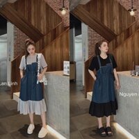 BIGSIZE NÀNG BÉO Đầm thun phối yếm jeans dáng dài rút eo 55-95kg