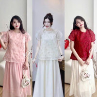 BIGSIZE NÀNG BÈO Set tết áo thêu hoa nổi cột nơ kèm chân váy voan dáng dài S482