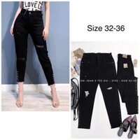 [Bigsize] Quần Jean Nữ 9 Tấc Hàng Co Giãn Mẫu Rách Đính Nút Tua Lai Màu Đen Mã 2725