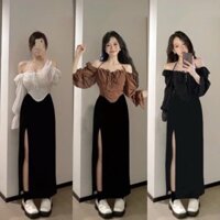 BIGSIZE Set Áo croptop cúp ngực tay phồng thiết kế trễ vai kèm chân váy midi xẻ đùi xinh xắn 50-90kg