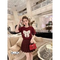 (Bigsize) Set áo thun nơ form rộng kèm chân váy vải caro đỏ (60-90kg)