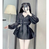 Bigsize Set áo tơ cổ đính đá kèm chân váy nhún xoè 55-95kg S504