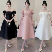 BIGSIZETIX D111 Đầm dự tiệc tiểu thư tapta thiết kế trễ vai phối hoa tua rua đính dây đá sang chảnh 50-90kg