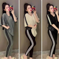 {Bigszie 45-85KG} Set Đồ Bộ Nữ Dáng Dài Ôm Thể Thao Chất Tăm Lạnh Áo Cổ V Phối Line Mặc Nhà