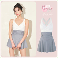 Bikini 1 mảnh dáng váy đồ bơi 2 dây cổ V dây đan lưng sexy phối màu retro nổi bật liền thân hàng QC 68118 H-3