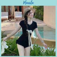 Bikini 1 mảnh đính nơ tơ lụa dáng ôm body phối chân bèo, đồ bơi nữ đi biển che khuyết điểm freesize dưới 57kg MANILA
