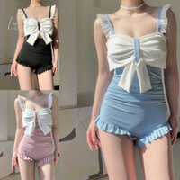 Bikini 2 dây liền thân 1 mảnh màu hồng cổ nơ, đồ bơi sexy màu xanh khoét lưng