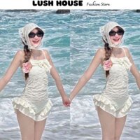Bikini 2 dây Liền Thân Màu Kem Quần Bèo Tặng Kèm Khăn Đội, Đồ Bơi Bánh Bèo 1 Mảnh Kín Đáo Phong Cách Hàn Quốc N20