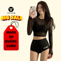 Bikini 2 mảnh cho nữ INFLACHI set 3 chi tiết freesize kèm áo lưới dài tay chống nắng màu đen đi biển du lịch 9035 C-18