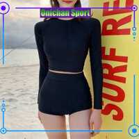 Bikini 2 Mảnh Đen Trơn Tay Dài Kèm Quần Đùi Kín Đáo, Đồ Bơi Thể Thao Nữ Đơn Giản Cá Tính - OS147