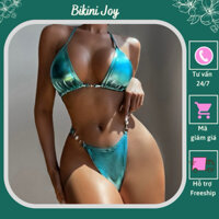 Bikini 2 mảnh Xoài Non đính khoen ngọc trai màu xanh bling