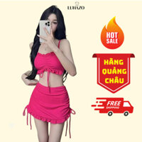 Bikini 3 mảnh LUHAZO nhún bèo đi biển áo 2 dây kèm váy rút 2 bên ôm body siêu tôn dáng nổi bật QC B-12.1
