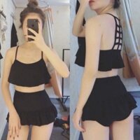 Bikini áo bèo cá mix quần váy lưng cao đuôi cá màu đen kín đáo baby