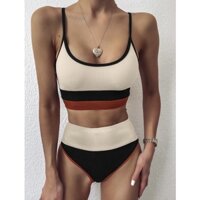 Bikini áo hai dây quần cạp cao đồ bơi nữ màu sắc thiết kế đơn gian quyến rũ