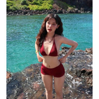 bikini áo tắm hai mảnh chất thun tăm đỏ đô có cài nơ hottren 2025