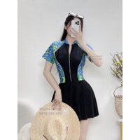 Bikini áo tắm liền thân một mảnh kéo khóa phối bông quần đùi trong váy (sẵn hàng)