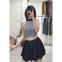 bikini áo yếm kẻ sọc cổ buộc nơ và chân váy