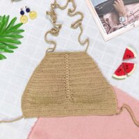 Bikini áo yếm len móc màu nude mặc đi biển