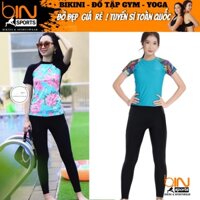 Bikini bộ đồ bơi nữ 2 mảnh áo phủ kín ngắn tay, quần dài họa tiết chống nắng size 45kg đến 65kg Bin Sports BHV207