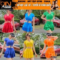Bikini bộ đồ bơi nữ 2 mảnh áo crop ngắn tay, quần giả váy xếp tầng nhiều màu freesize Bin Sports BHV193