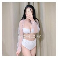 Bikini Chấm Bi Trắng Tay Dài Cổ V Phối Ren Bi Cạp Cao Che Bụng Hàn Quốc