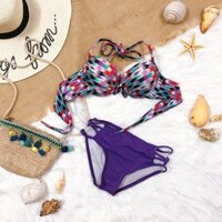 Bikini đi biển áo gọng nâng ngực mix quần chip đan dây màu tím sành điệu 2022