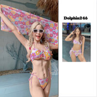 Bikini đi biển cho nữ đồ bơi set 3 chi tiết áo có mút ngực kèm quần và khăn quấn họa tiết hoa nhiều màu sắc nổi bật H-14