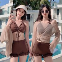 Bikini đi biển cho nữ set 3 chi tiết đồ bơi áo bra rút dây có mút ngực kèm quần nhún và áo lưới kín đáo 9961 B-15