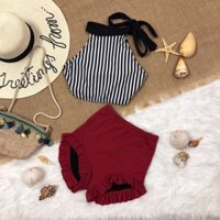 Bikini đi biển đồ bơi nữ 2 mảnh áo sọc trắng đen cột dây cổ mix quần lưng cao viền bèo đỏ đô sang chảnh